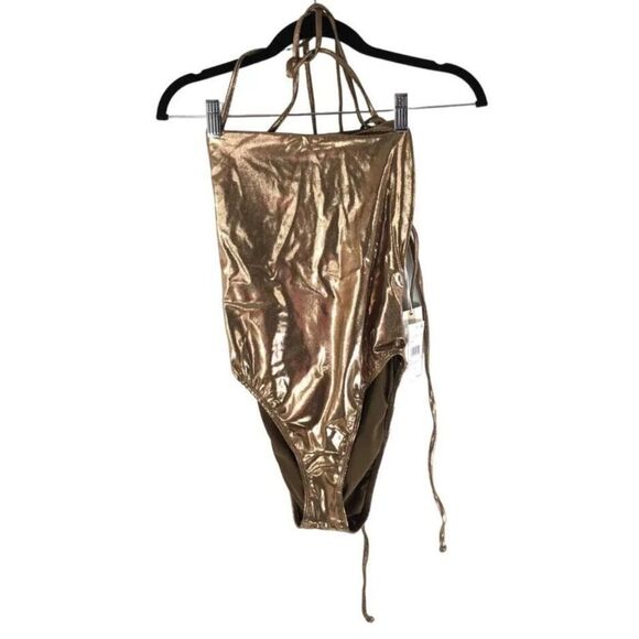 Good American GSW0271 Sz 6/3X Mocha Foil Barely There Tie Wrap 1-Pc Swimsuit - Picture 3 of 5